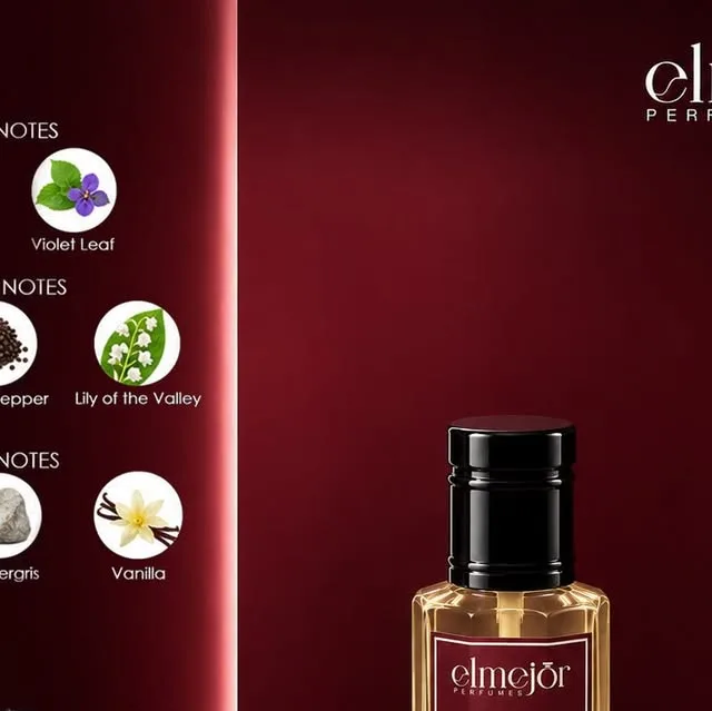 An Elmejor bottle with a black cap and gold-tinted glass, its label reading elmejor perfumes, against a deep crimson backdrop.