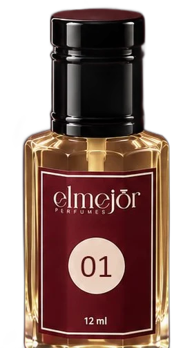 Elmejor perfume No. 01 in a 12 ml bottle: black cap, gold-tinted glass and a crimson label.